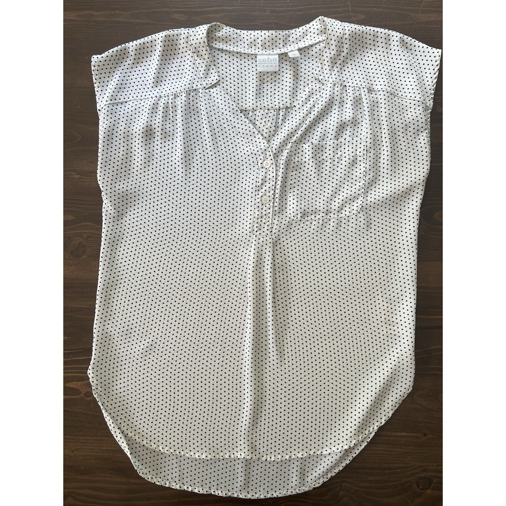 Soho Jeans Polka Dot Blouse Womens XS‎ White Black V-Neck Cap Sleeve Top